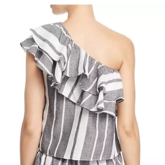 MISA LOS ANGELES TOP GRAY WHITE KLEA STRIPES RUFFLES ONE SHOULDER CHIC Sz S - Picture 3 of 10